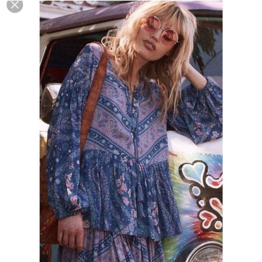 Spell & The Gypsy Blouse City Lights Lace Up in Indigo Purple Floral